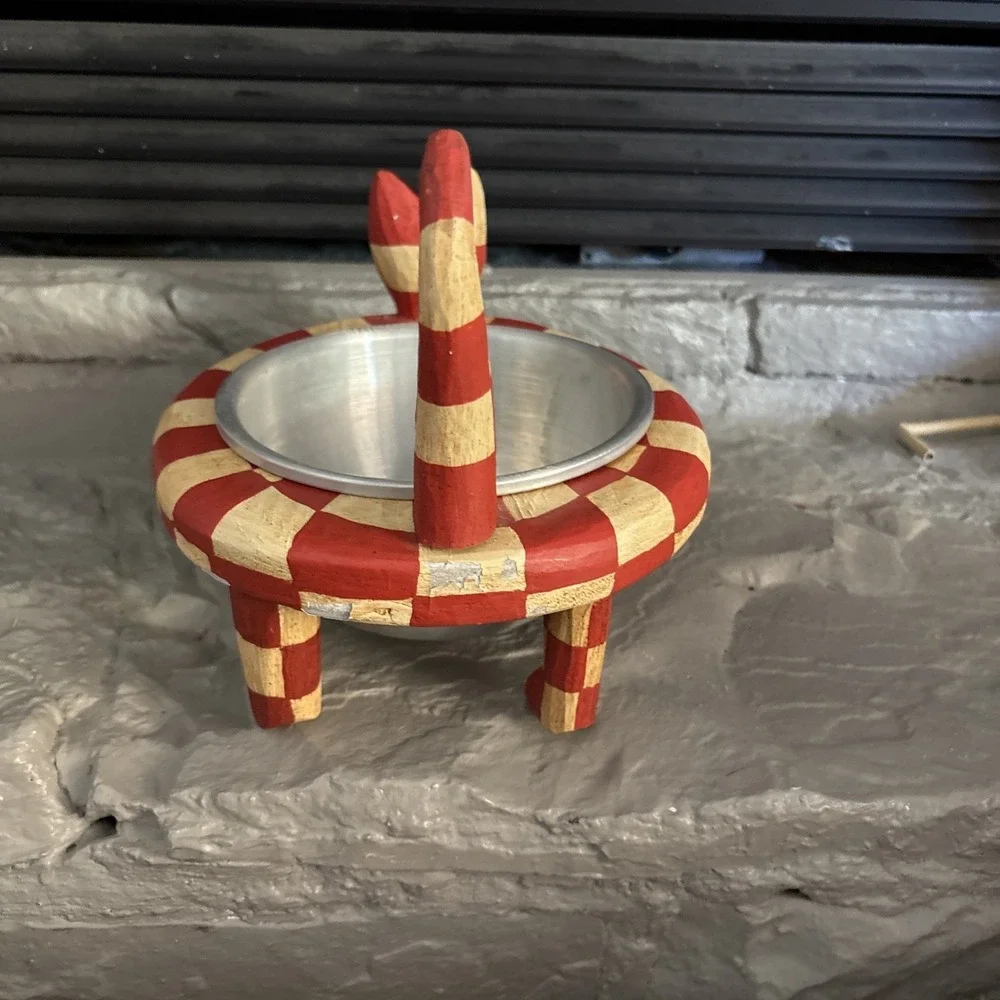 Whimsical Hand Painted Carved Cat Food Holder Dish Bowl